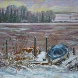 Bernard Bailly, Fribourg, Lac de Seedorf, hiver, bâteaux, 2009, Peinture acrylique sur toile, 114 x 146 cm
